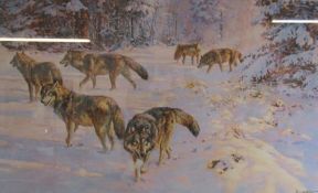 David Grant pencil signed limited edition 19/56 print depicting a pack of wolves - approx. 111.5cm x