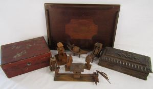 Wooden tray, oak box, Oriental figures and box with bird design