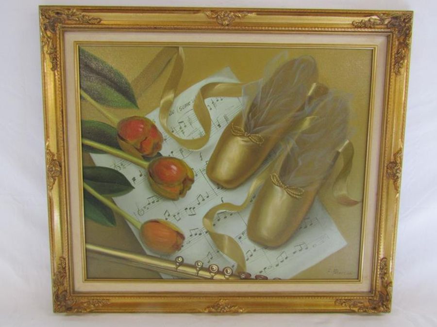 R Peterson oil on canvas with gilded frame depicting ballerina pointe shoes, flute, music and - Image 2 of 5