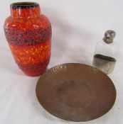 West German vase (unmarked) approx. 21.5cm tall, Rhodesia copper dish approx. 20.5cm dia. and silver