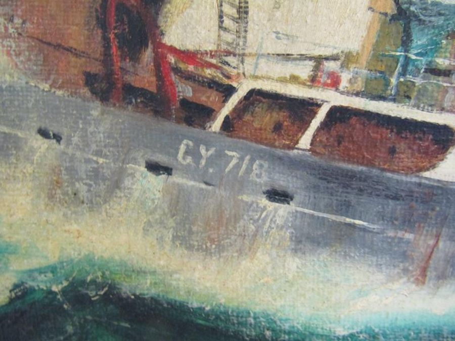 Framed G Farrow '74 oil on canvas of Grimsby Trawler approx. 105cm x 90cm - Image 4 of 6