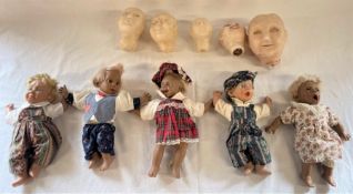 Selection of modern dolls & 5 small wax heads