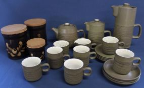 Denby Chevron part coffee / tea service & 3 Denby Bakewell kitchen canisters