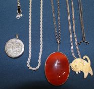 Selection of silver jewellery including chains, locket & agate pendant, approx. 1.54ozt