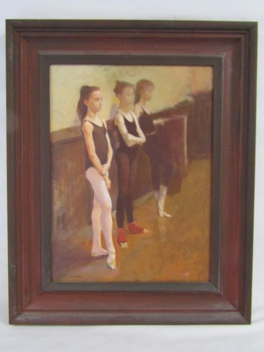 Neil Helyard framed oil on canvas depicting ballet dancers entitled 'Dancers' - approx. 53cm x 43cm - Image 2 of 5