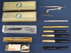 2 Parker fountain pens & selection of Parker propelling pencils & pens, 2 Mars Staedtler tins with