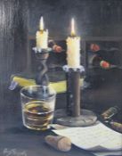 Chris Pengelly framed oil on board depicting still life candles entitled 'Candle light' - approx.