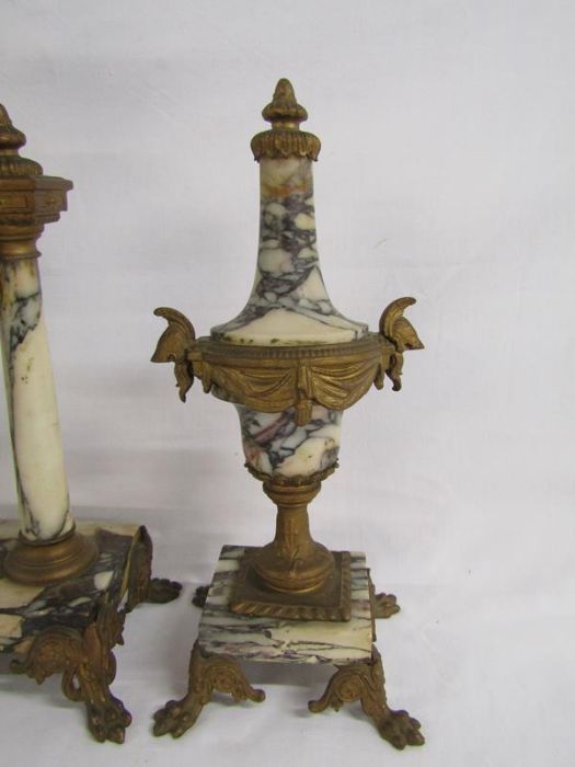French 3 piece gilt metal & marble clock garniture - Image 3 of 4