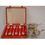 Two silver salts (Sheffield 1893 & Birmingham indistinct) with spoons (one silver) & a cased set