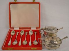 Two silver salts (Sheffield 1893 & Birmingham indistinct) with spoons (one silver) & a cased set