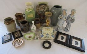 Collection of items includes stoneware pots, modern Satsuma vase, pictures etc