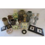 Collection of items includes stoneware pots, modern Satsuma vase, pictures etc