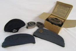 RAF forage caps, Compton Webb beret (56) 2 belts and a boxed gas mask (rubber perished)