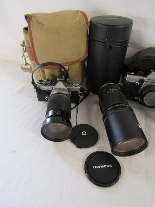 Cameras includes Olympus OM-2 camera with Vivitar macro focusing lens, Olympus Zuiko lens, Pentax A3 - Image 2 of 14