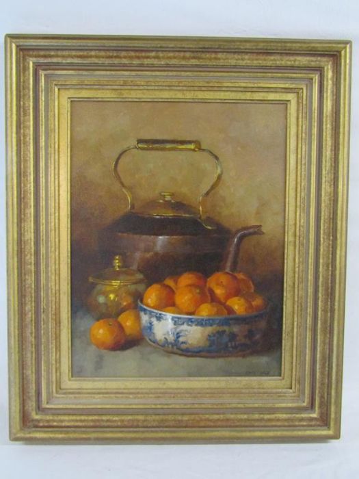 Crin Gale (B. 1947) gilt framed oil on canvas entitled ' Tea and Tangerines' -  approx. 64cm x 54cm - Image 2 of 5