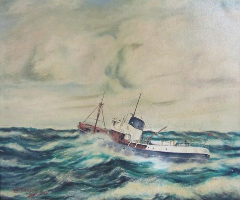 Framed G Farrow '74 oil on canvas of Grimsby Trawler approx. 105cm x 90cm
