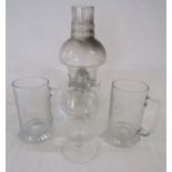 Glass paraffin lamp with aviation glass tankards - etched RAF Binbrook and one other etched glass