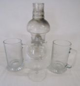 Glass paraffin lamp with aviation glass tankards - etched RAF Binbrook and one other etched glass