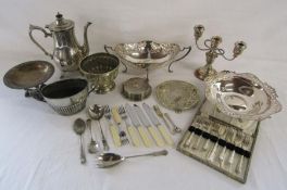 Collection of silver-plate includes dishes, coffee pot, coasters, cutlery, Rogers, Smith & Co