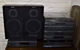 Sony stack system comprising turn table, radio, twin case caset decks, stereo deck receiver, dual
