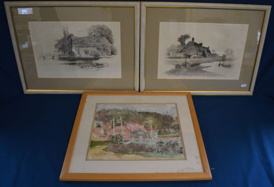 Watercolour of a village scene & 2 monochrome prints of cottages (54cm by 42cm)