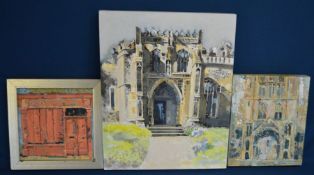 2 Impressionist oil paintings on board of church porches & another of a shop front (largest 46cm