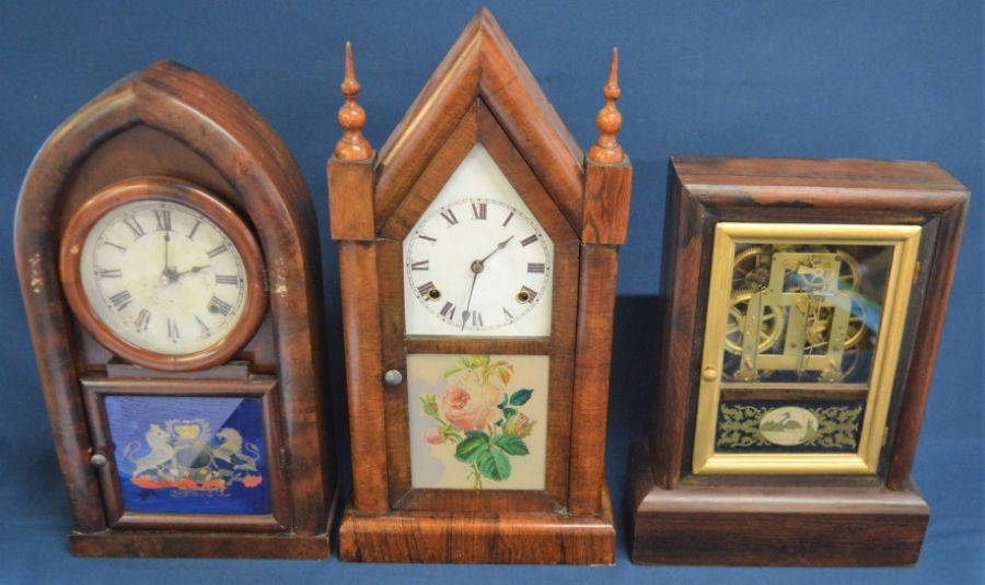 Three 19th century American mantel clocks: E N Welsh beehive with replacement movement, Seth