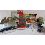 Mixed selection of track accessories, Tri-ang junctions, metal bridge with steps, mats, plans,