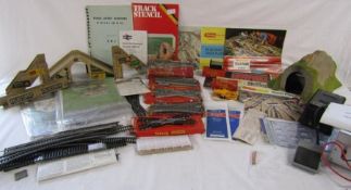 Mixed selection of track accessories, Tri-ang junctions, metal bridge with steps, mats, plans,