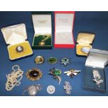 Selection of costume jewellery including Wedgwood brooches, silver framed mother of pearl brooch,