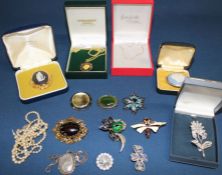 Selection of costume jewellery including Wedgwood brooches, silver framed mother of pearl brooch,