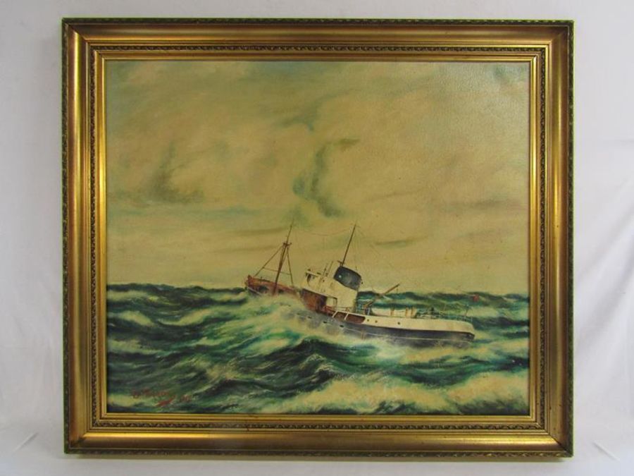 Framed G Farrow '74 oil on canvas of Grimsby Trawler approx. 105cm x 90cm - Image 2 of 6