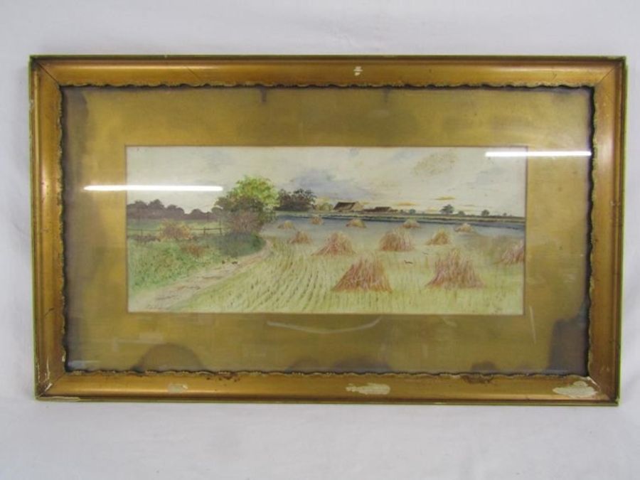 Framed watercolour depicting harvest scene and signed E.J Hodgson - approx. 79cm x 46cm - Image 2 of 4