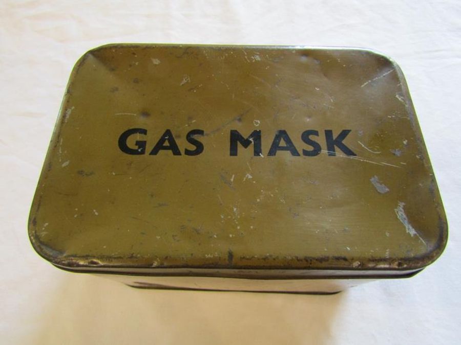 1939 WWII ARP gas rattle, WWII solider doll, gas mask in a Barringer, Wallis & Manners tin box and - Image 2 of 4