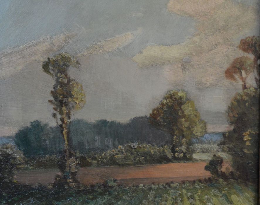 Small framed unsigned oil an board landscape with trees in the foreground & woodland in the middle