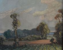 Small framed unsigned oil an board landscape with trees in the foreground & woodland in the middle