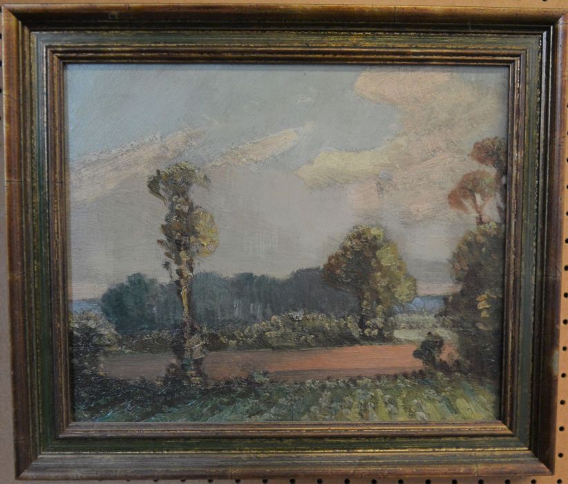 Small framed unsigned oil an board landscape with trees in the foreground & woodland in the middle - Image 2 of 2