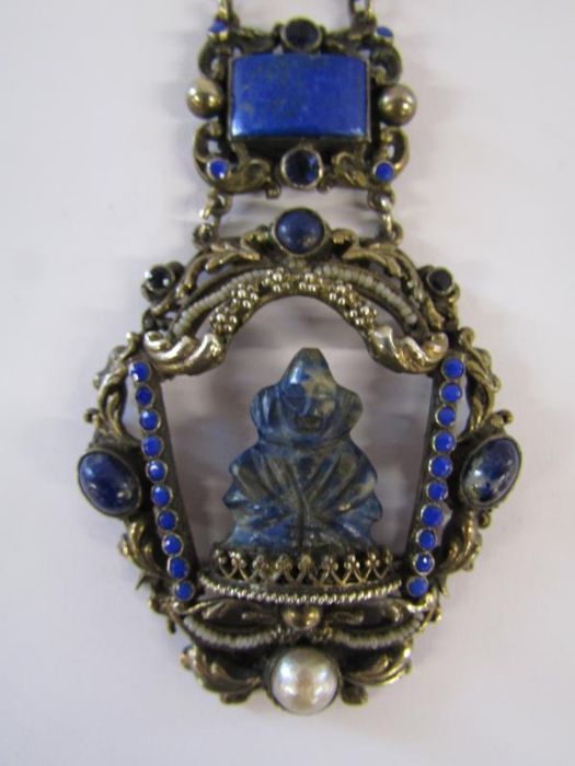 Lapis Lazuli and pearl set in white metal necklace with Buddhist design pendant - Image 2 of 3