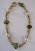 Tested as possibly 15ct gold pearl, diamond and green hardstone bracelet - total weight 9.10g