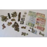 Coin and note collection includes one pound note, foreign coins etc