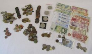 Coin and note collection includes one pound note, foreign coins etc