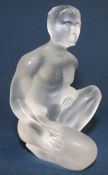 Lalique frosted Art Glass sculpture of a kneeling man, signed to base, 12cm high, with box