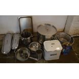 Stainless steel catering equipment including fish kettles, pans, colanders etc & an enamel bread bin