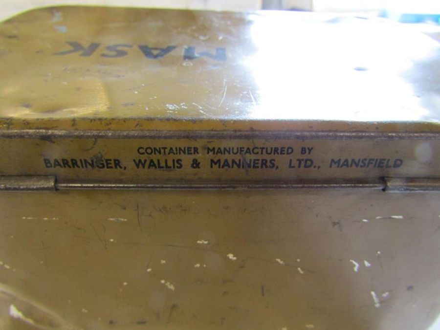 1939 WWII ARP gas rattle, WWII solider doll, gas mask in a Barringer, Wallis & Manners tin box and - Image 3 of 4