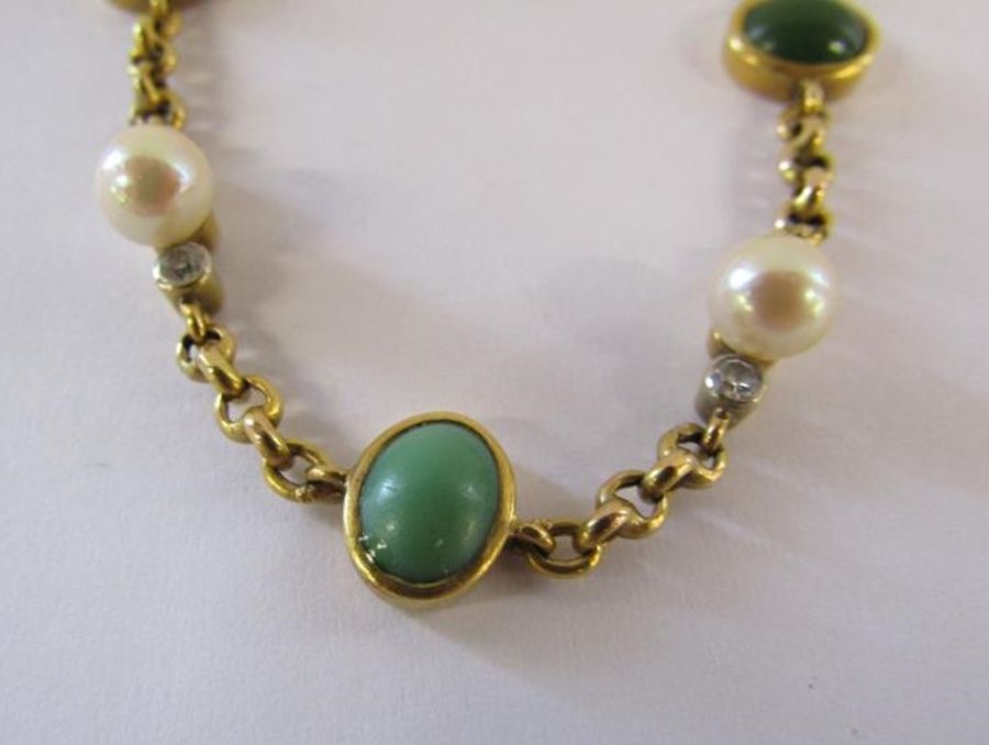 Tested as possibly 15ct gold pearl, diamond and green hardstone bracelet - total weight 9.10g - Image 2 of 2