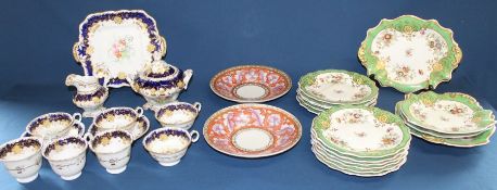 19th century porcelain part dinner service with green & gilt decoration and hand painted / printed