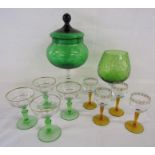 Green glass bon bon style dish with lid on a twisted stem, large green glass and coloured stem