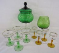 Green glass bon bon style dish with lid on a twisted stem, large green glass and coloured stem