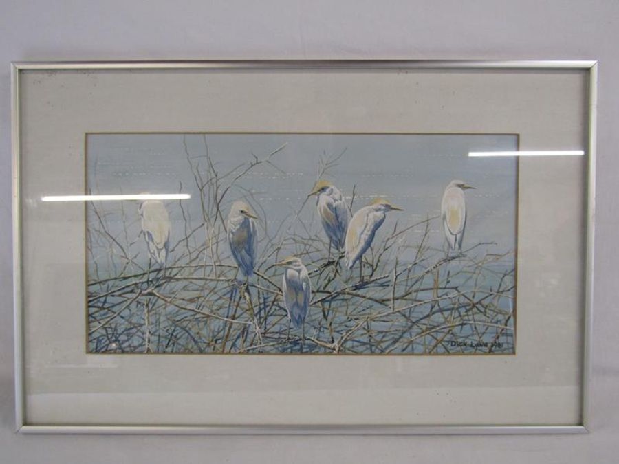 Dick Laws 1981 signed watercolour depicting Cattle Egrets - approx. 64cm x 41cm - Richard Maitland - Image 2 of 4