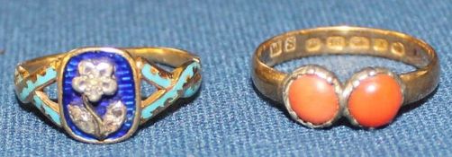 18ct gold & coral ring size M / N 1.9g & tested as 18ct gold diamond & enamel ring with keepsake